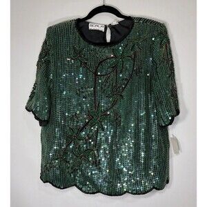 Vintage 80’s Emerald Green Beaded Silk Sequined Scalloped Top Womens L NWT SCALA